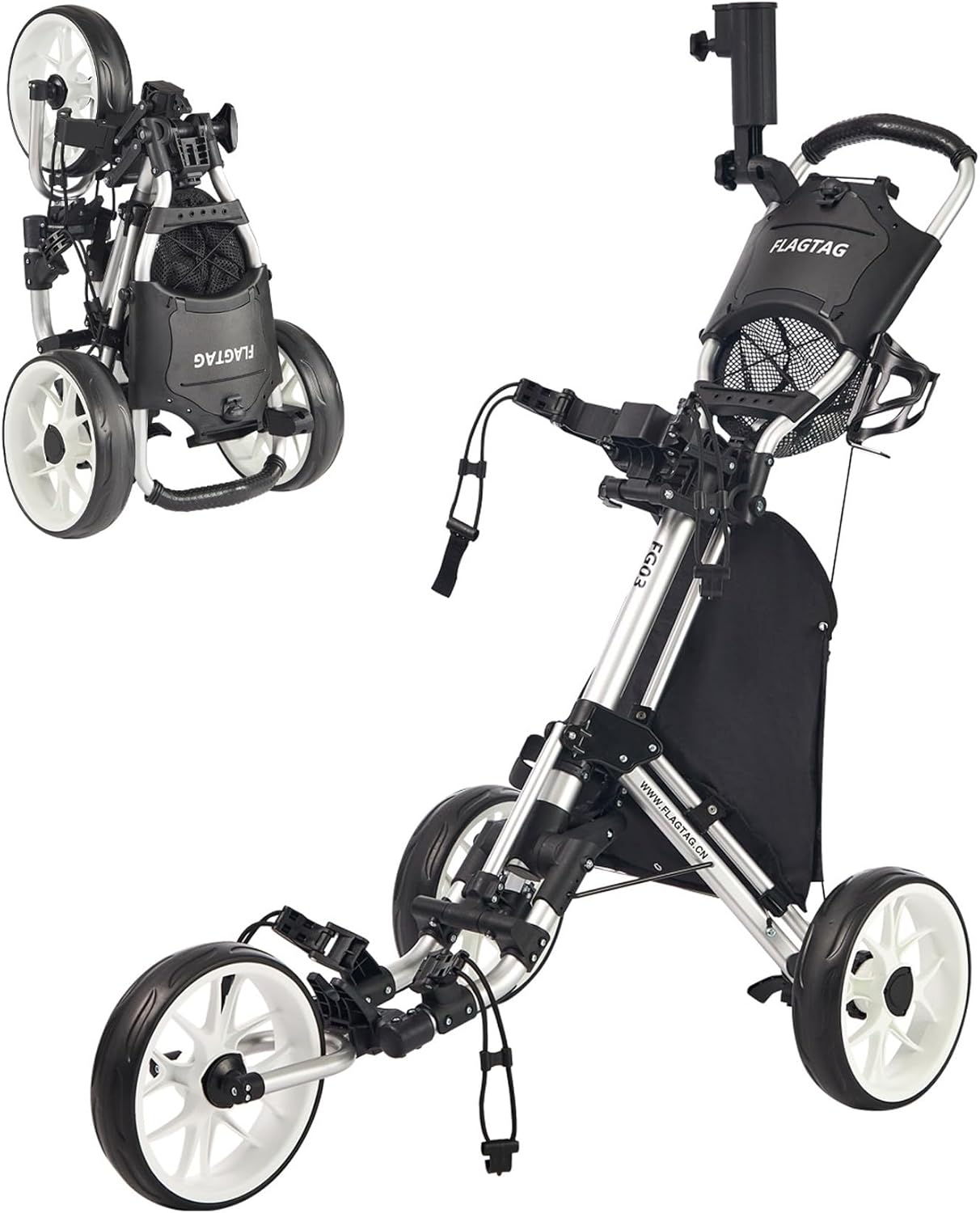 Golf Push Cart 3 Wheel,Foldable Golf Push Cart,Golf Bag Cart with Foot Brake,Umbrella Holder, Cup Holder, Storage Compartment