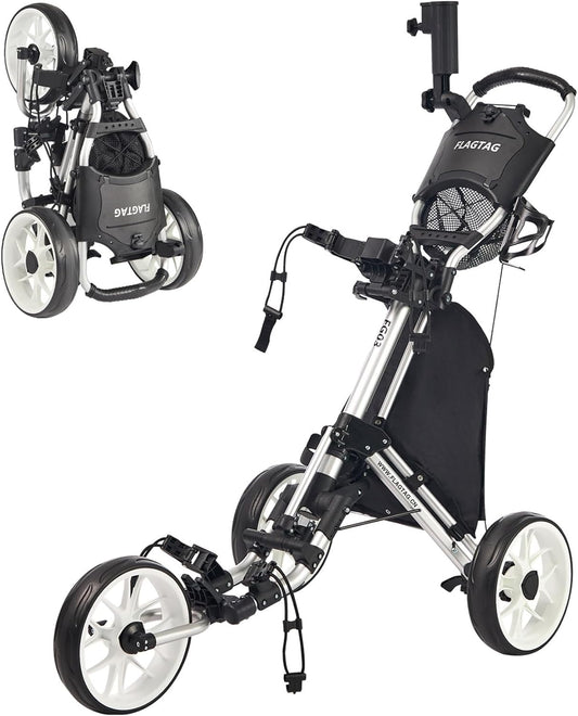 Golf Push Cart 3 Wheel,Foldable Golf Push Cart,Golf Bag Cart with Foot Brake,Umbrella Holder, Cup Holder, Storage Compartment