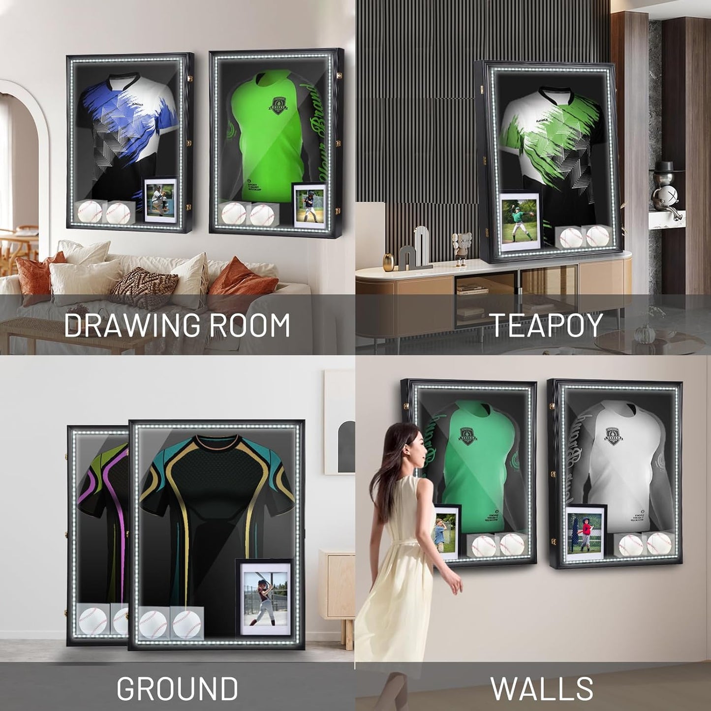 CDEN XL LED Jersey Frame, Extra Large Jersey Frame Display Case, Sweater Display Case, with 98% UV Protection, Hangers, LED Light Strip, with Baseball Case, Photo Frame, Power Bank Included (1-Pack)