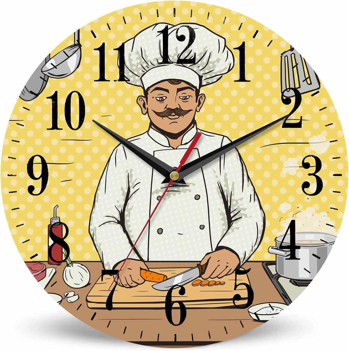 Mxocom Comic Chef Cooks Wall Clock Food Pop Kitchen Art Style 10 Inch Silent Non Ticking Battery Operated Clock Vintage Round Clock for Living Room Bedroom Bathroom Office Decor