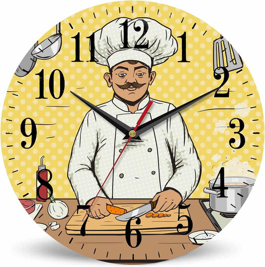 Mxocom Comic Chef Cooks Wall Clock Food Pop Kitchen Art Style 10 Inch Silent Non Ticking Battery Operated Clock Vintage Round Clock for Living Room Bedroom Bathroom Office Decor