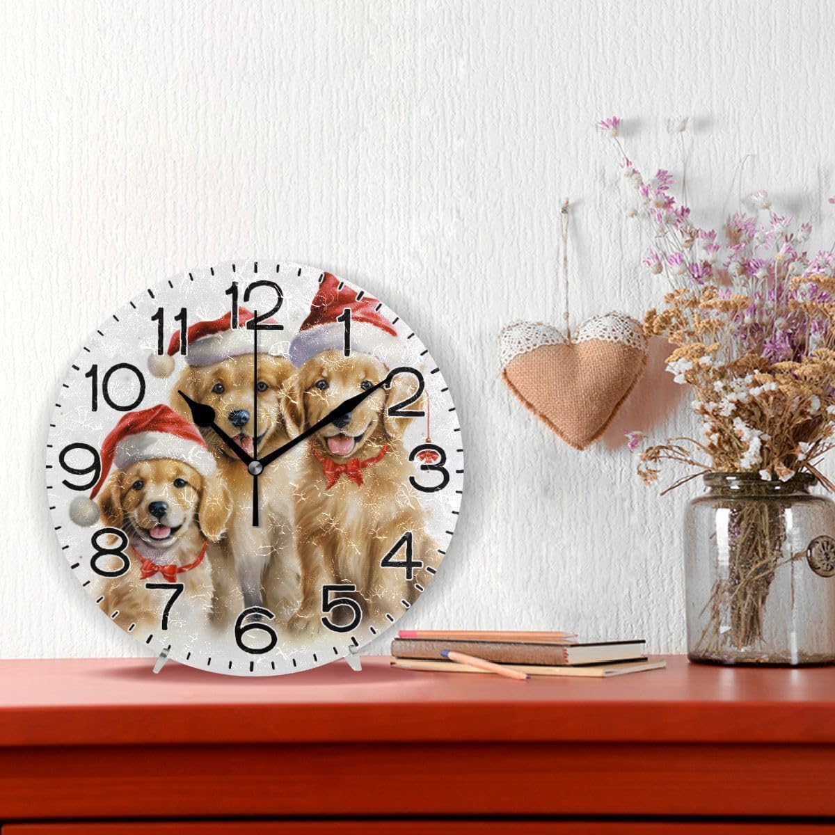 Christmas Dogs with Santa Hat Wall Clock Battery Operated Non Ticking Silent Quartz Analog Rustic Farmhouse Round Clock Retro Decor for Home Kitchen Living Room Bathroom