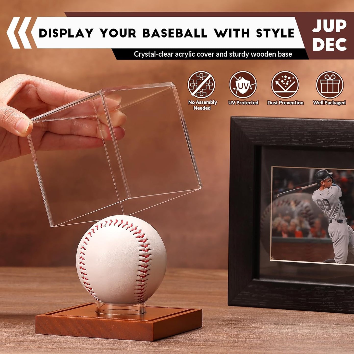 JupDec Baseball Display Case 4 Pack, Clear Cube Baseball Holder with Wooden Base, Autograph Baseball Stand Box for Single Ball, Brown