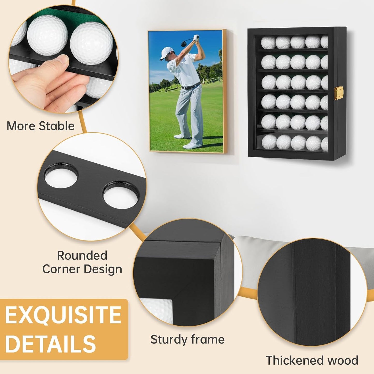 Golf Ball Display Case, Solid Wood Golf Ball Holder, Wall Mounted Golf Ball Rack with Acrylic Door for Golf Enthusiasts (Black, for 30 Golf Balls)