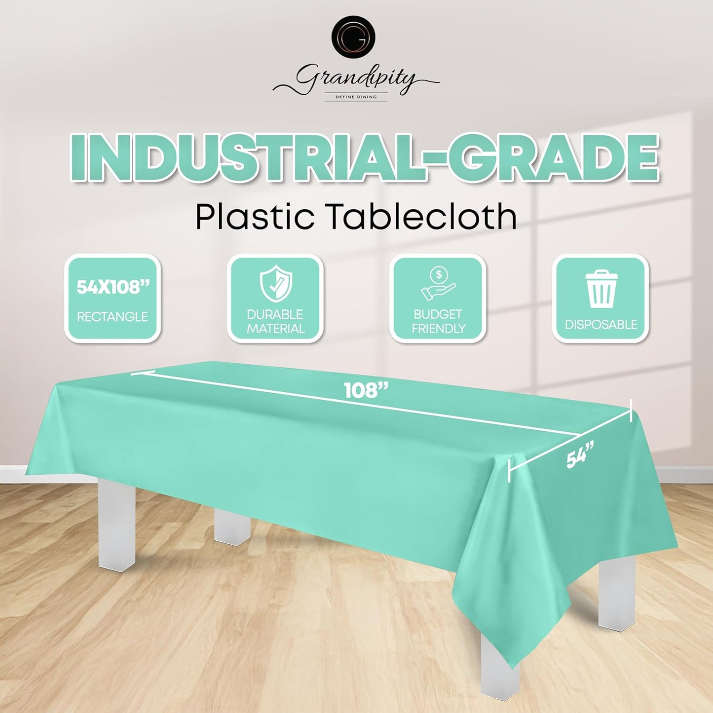 Grandipity 12 Pack Premium Disposable Plastic Tablecloth 54 Inch. x 108 Inch. Decorative Rectangle Table Cover - Aqua