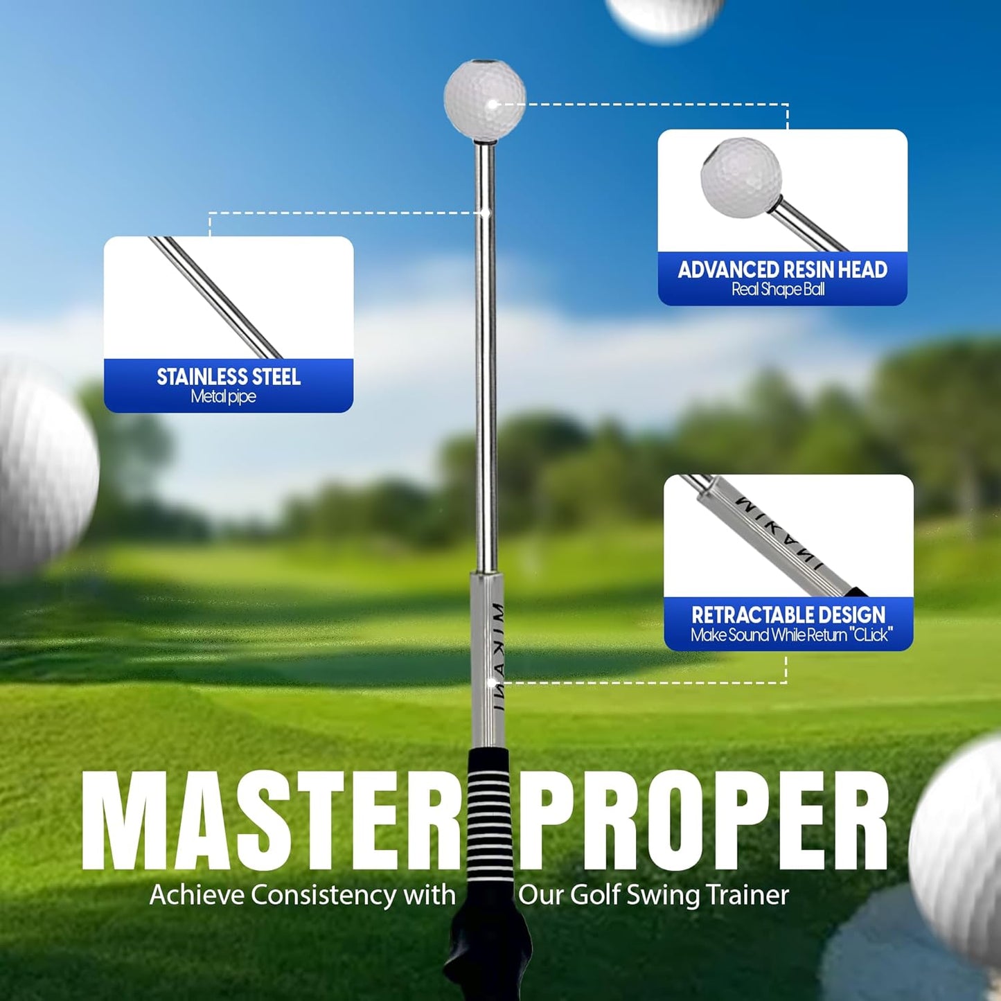 Mikani Retractable Golf Swing Training Aid - Click Stick Swing Training with Golf Grip Trainer | Golf Swing Trainer |Golf Alignment Sticks | Click Sound Tempo Training, Golf Accessories for Golfers