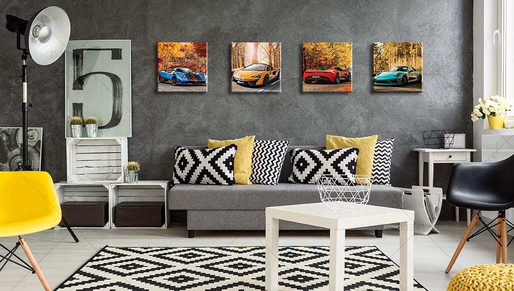 DJSYLIFE Car Posters Boys Room Decor Wall Art Giclee Canvas Prints Autumn Landscape Red Sport Car Pictures Modern Artwork for Bedroom Home Decorations Painting 12x12 inchesx4 Framed Ready to Hang