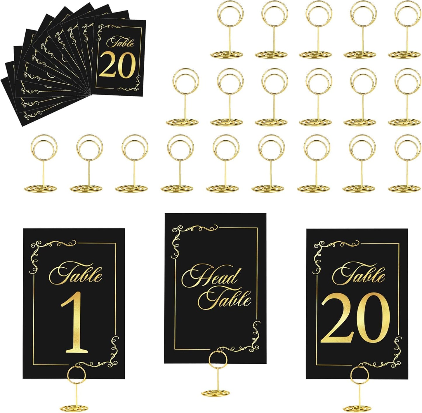 JOYIT 21 Sets Wedding Table Number 1-20 and Head Table Card with 21 Pcs Tables Number Holders, Black Gold Numbers Cards with Place Card Holders, 4" X 6" Tables Numbers Cards for Wedding Reception
