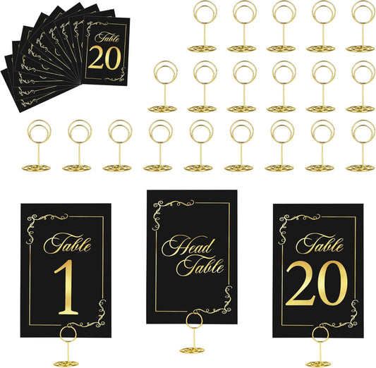JOYIT 21 Sets Wedding Table Number 1-20 and Head Table Card with 21 Pcs Tables Number Holders, Black Gold Numbers Cards with Place Card Holders, 4" X 6" Tables Numbers Cards for Wedding Reception
