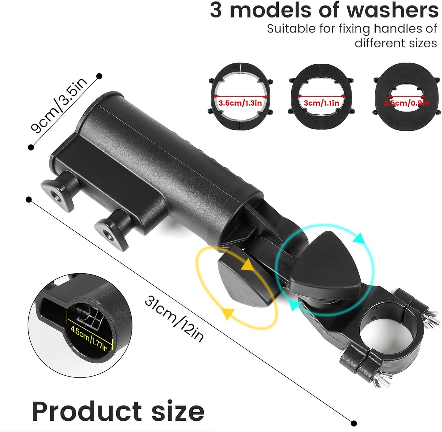 Golf Push Cart Umbrella Holder - Heavy-Duty Umbrella Stand with Double Knob, 180 Degrees Adjustable, Universal Strong Windproof Umbrella Holder for Mobility Scooter/Stroller/Wheelchair/Beach Chair