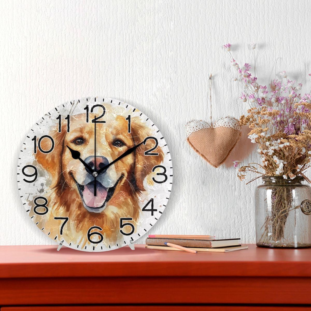 Golden Retriever Dog Wall Clock Battery Operated Non Ticking Silent Quartz Analog Rustic Farmhouse Round Clock Retro Decor for Home Kitchen Living Room Bathroom