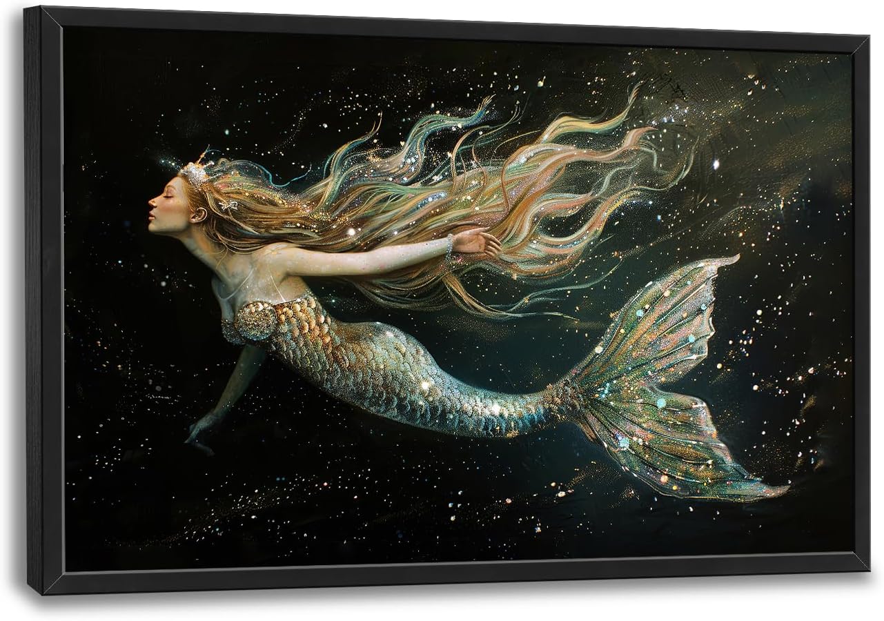 Mermaid Large Framed Wall Art for Living Room Golden Mermaid Pictures Wall Decor Ocean Print Painting Artwork Modern Home Decoration for Bedroom Office 36x24 inch