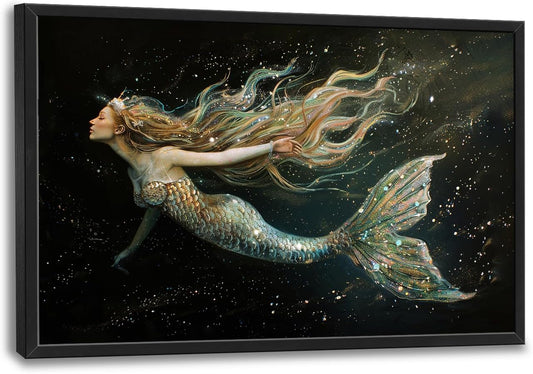 Mermaid Large Framed Wall Art for Living Room Golden Mermaid Pictures Wall Decor Ocean Print Painting Artwork Modern Home Decoration for Bedroom Office 36x24 inch