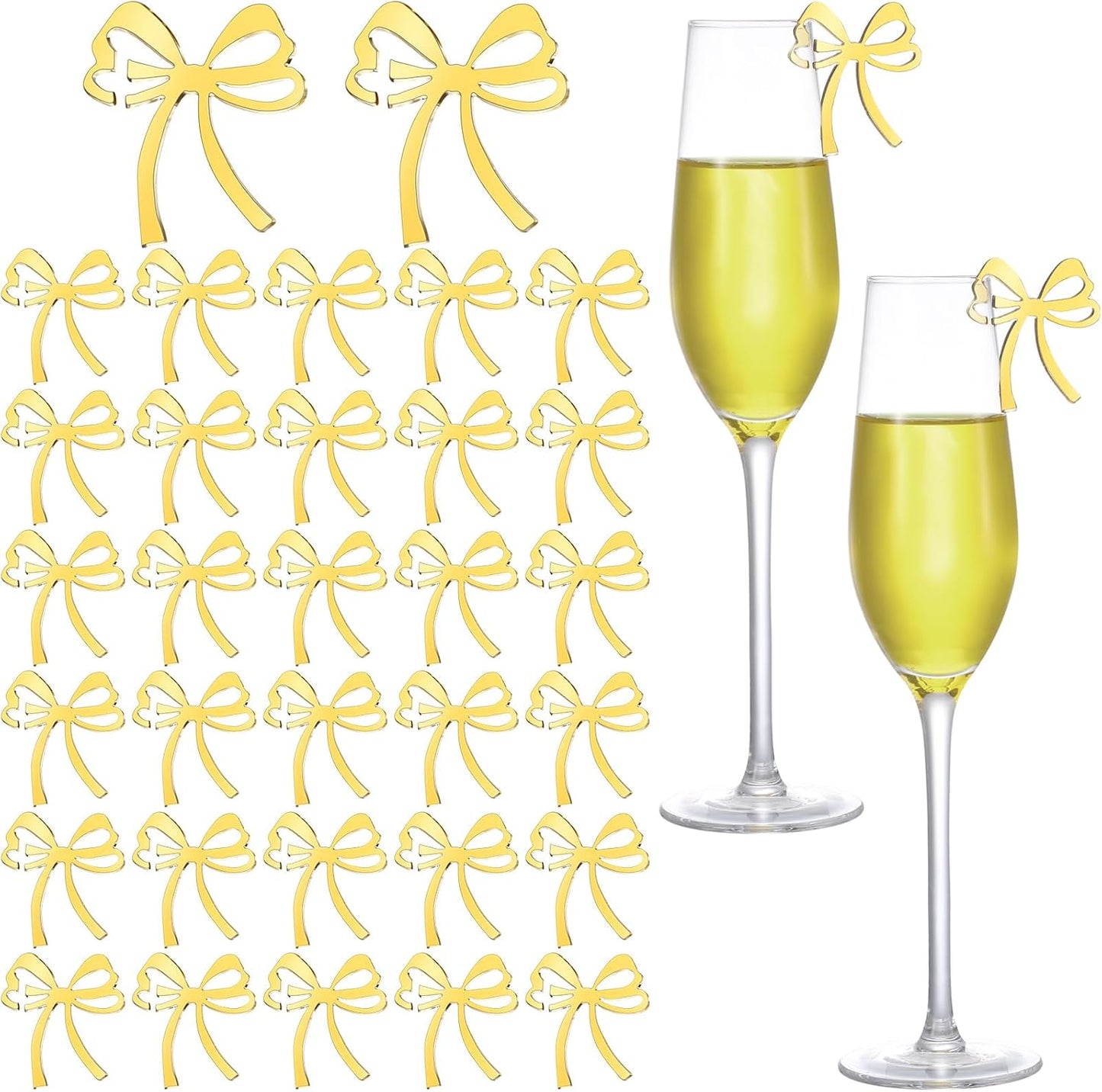 50 Pcs Bow Drink Tags Mirror Bow Markers Christmas Bowknot Decorations Themed Party Favors Coquette Acrylic Cocktail Tag for Bachelorette Birthday Wedding Party Decor Accessory
