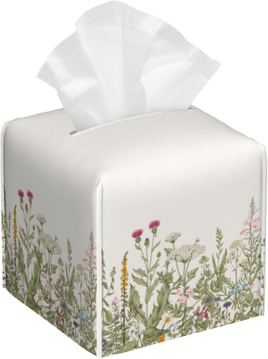 Tissue Box Cover Square, Herbs and Wild Flowers Leather Tissue Box Holder Decorative Organizer for Bathroom, Home Office Car Decor