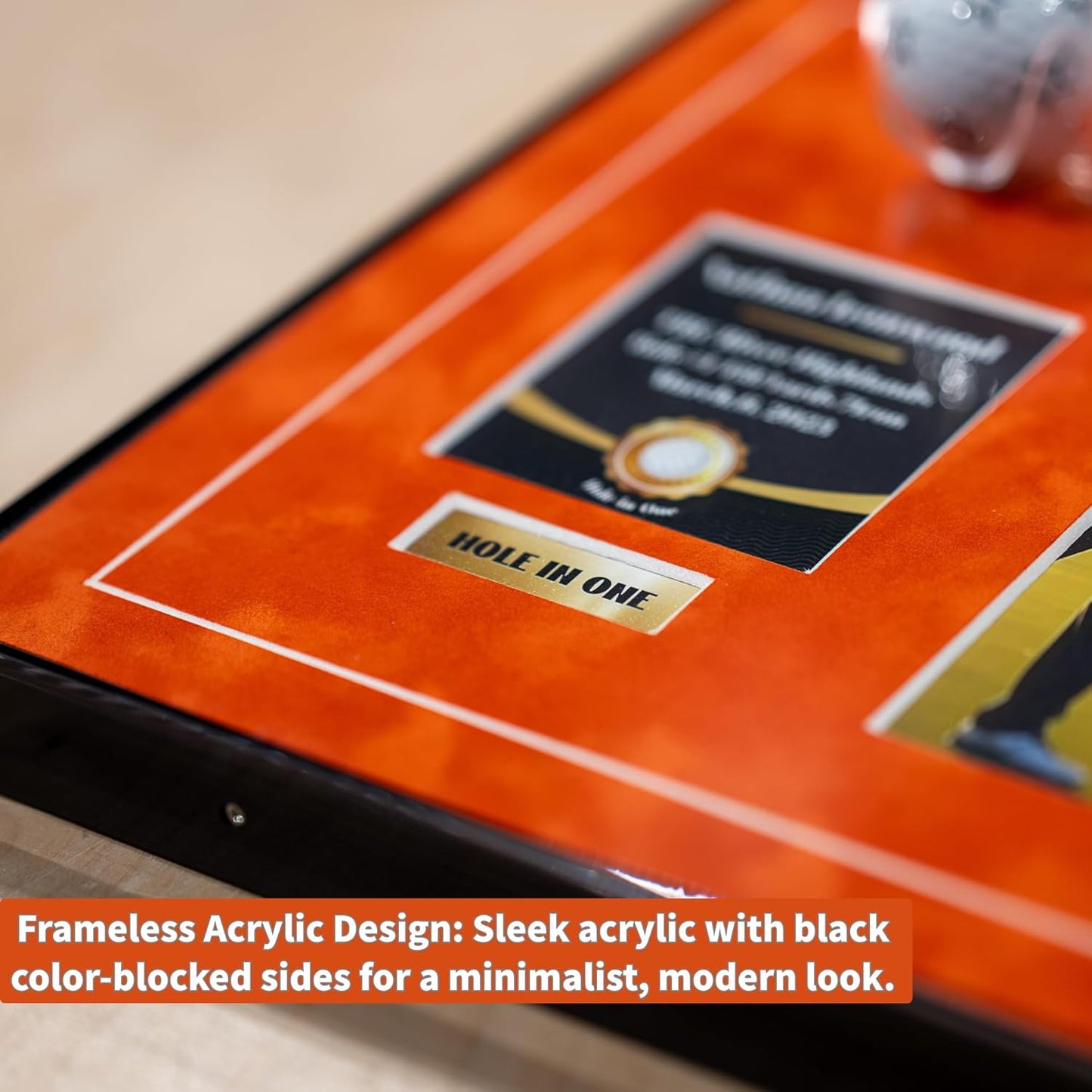 One-Shot Victory Golf Ball Display Frame – Acrylic Case with External Ball Mount, Custom Photo & Nameplate, Orange Suede Mat, Elegant Golf Keepsake Gift