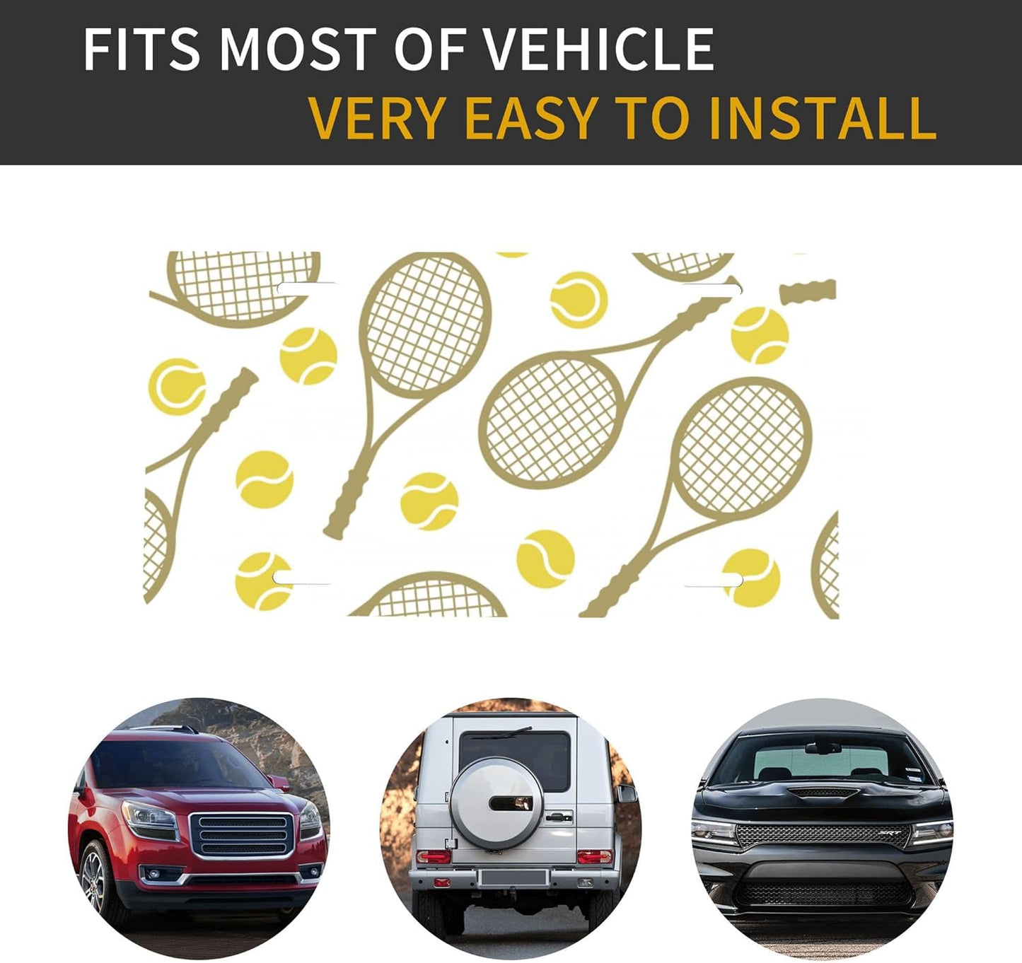 Front License Plate for Car Designs Sports Tennis Racket Ball Stainless License Plate Cover Holder for Men Women Metal Aluminum Decorative Accessory Vanity Tag Standard 6 X 12 Inch (4 Holes)