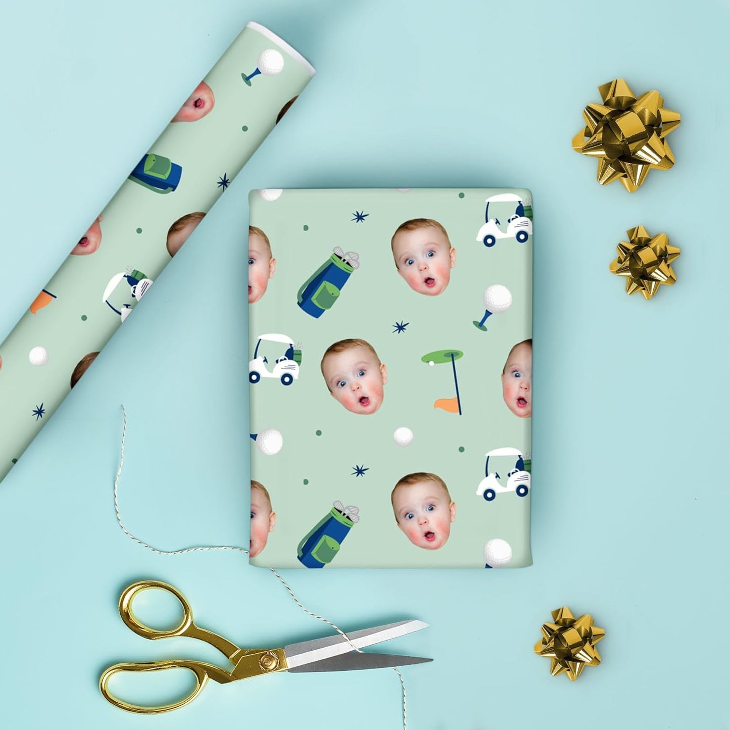 Big Dot of Happiness Custom Photo Golf Wrapping Paper Roll, Sports-Themed Retirement or Birthday Party Decor, Personalized Fun Face Golf Gift Wrap, 24 in x 7 feet, 2 Rolls