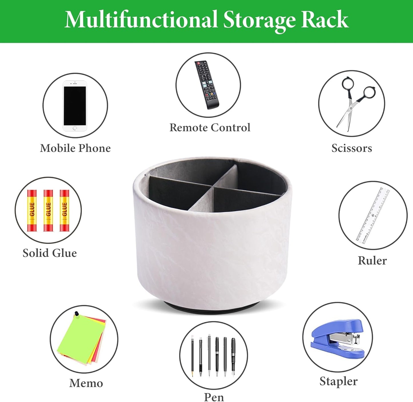 Hennaja Round Leather Art Supply Organizer,Remote Control Holder,360 Degree Spinning,Multi-Functional Pencil Holder,4 Compartments Desktop Stationary Organizer(1-Hill White)