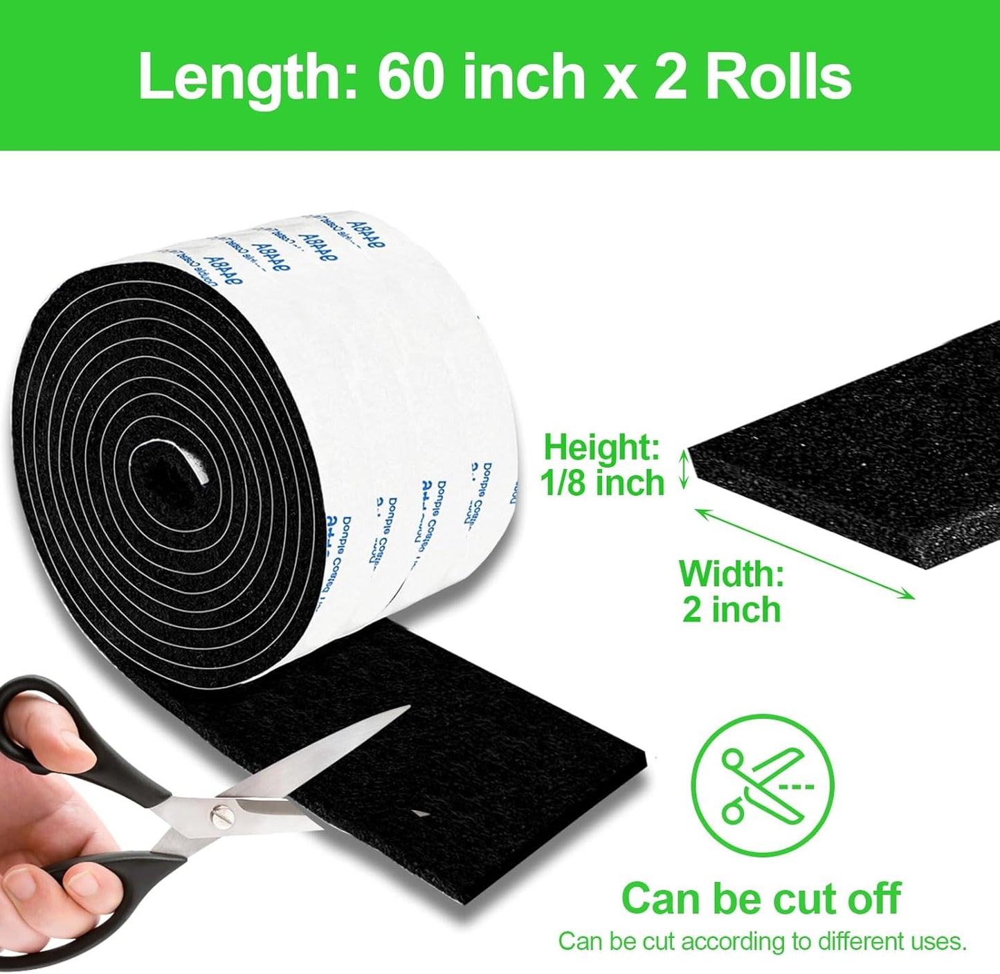 Felt Strips with Adhesive Backing, Adhesive Felt Strips, 2 Felt Rolls 2X 60 Inches Black, Felt Tape with Adhesive Backing, Furniture Felt Strips