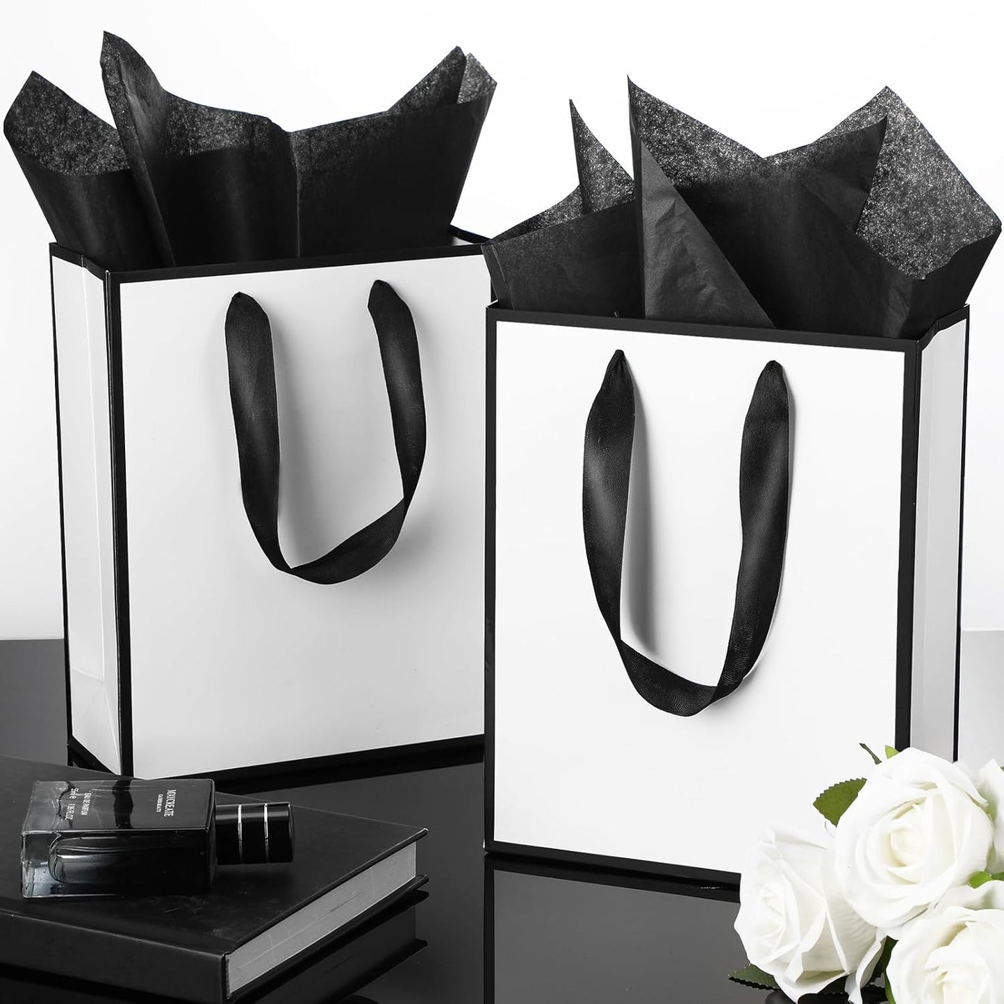 Yeaqee 24 Pack Metallic Paper Gift Bags with Handle and Tissue 9x7x3.1 Gold Foil Welcome Favor Bags Return Gifts for Wedding Fall 5 Senses Christmas Bridesmaid Birthday(White Black)