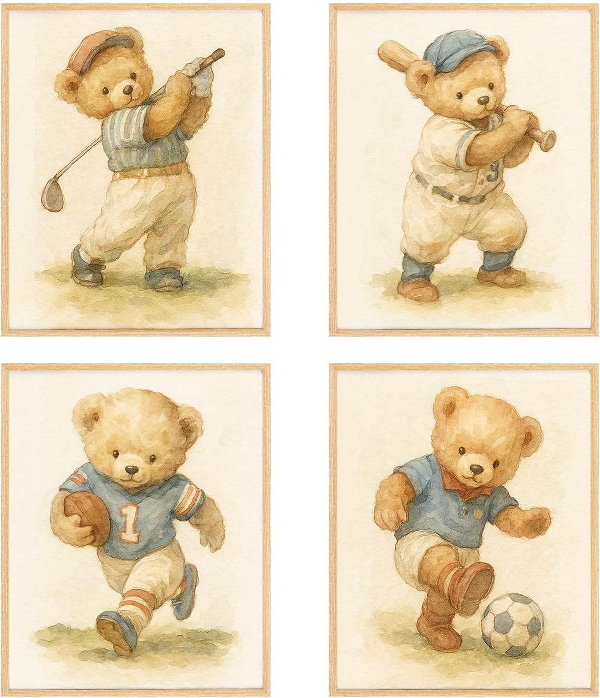 BRRNYOI Bear Nursery Wall Art Posters Set of 4, Sports Room Decor for Boys, Vintage Golf Baseball Football Soccer Bear Canvas Prints Wall Decor for Kids Boy Bedroom Playroom, 8x10 Unframed