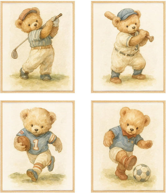 BRRNYOI Bear Nursery Wall Art Posters Set of 4, Sports Room Decor for Boys, Vintage Golf Baseball Football Soccer Bear Canvas Prints Wall Decor for Kids Boy Bedroom Playroom, 8x10 Unframed