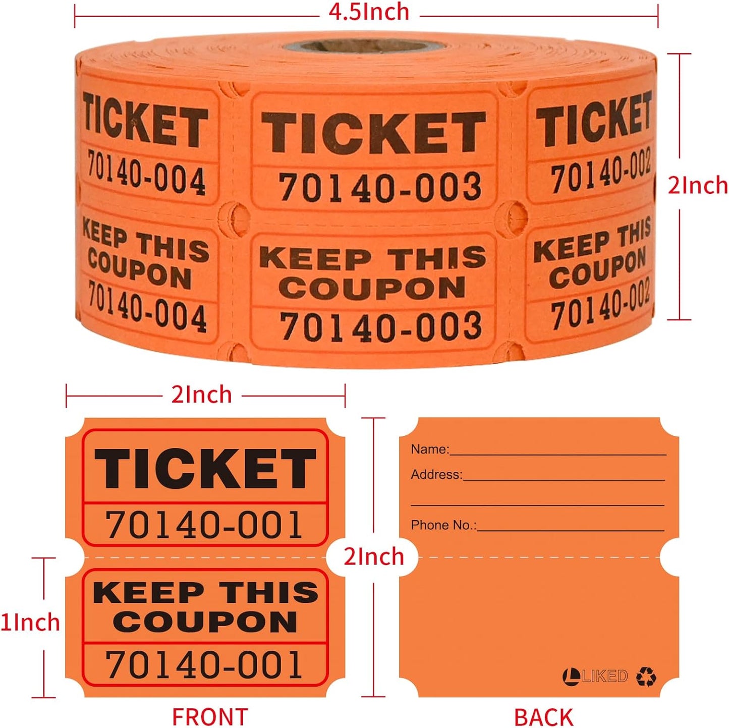 L LIKED Raffle Tickets Double Rolls 1000 per Roll 50/50 Raffle Tickets for Events, Entry, Class Reward (Orange)