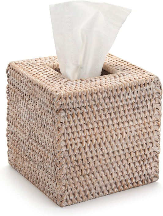 Rattan Tissue Box Cover Natural Woven Facial Napkin Holder Square (White, 5.5x5.5x5.9 Inch)
