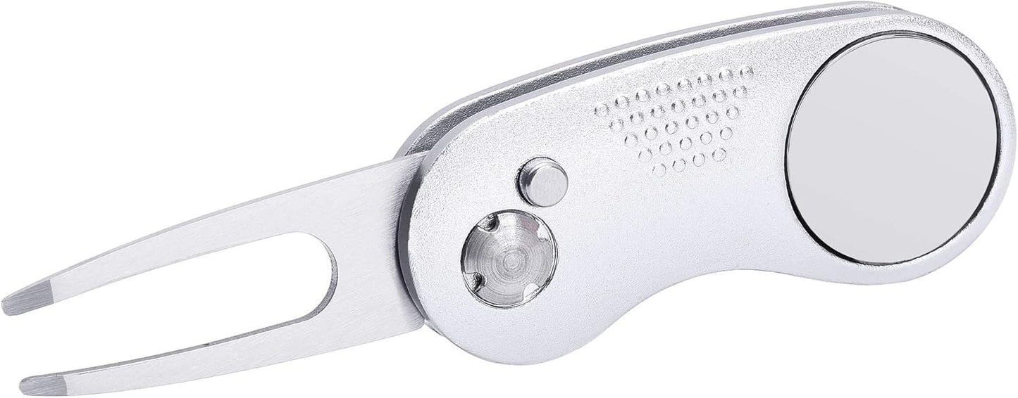 Mile High Life Golf Divot Repair Tool, All Metal Foldable Divot Tool with Pop-up Button & Magnetic Ball Marker