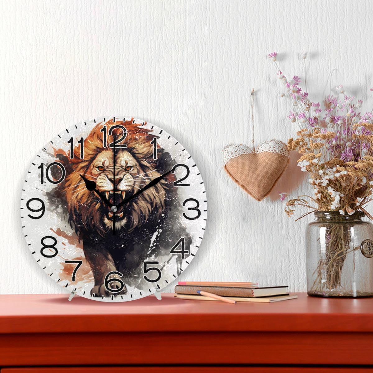 Roaring Lion Wild Animal Wall Clock Battery Operated Non Ticking Silent Quartz Analog Rustic Farmhouse Round Clock Retro Decor for Home Kitchen Living Room Bathroom