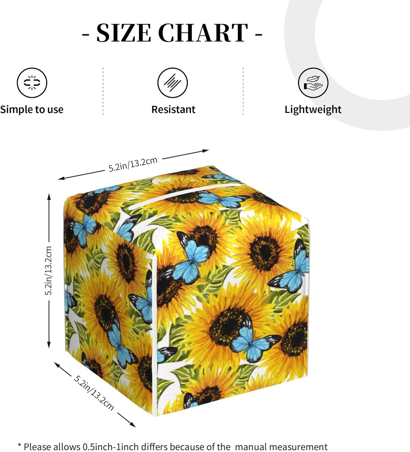 Sunflowers and Blue Butterflies Tissue Box Cover Square,Watercolor Sunflower Tissue Box Holder Waterproof Leather Facial Paper Organizer Dispenser for Bathroom Home Car Nightstand Vanity Desk