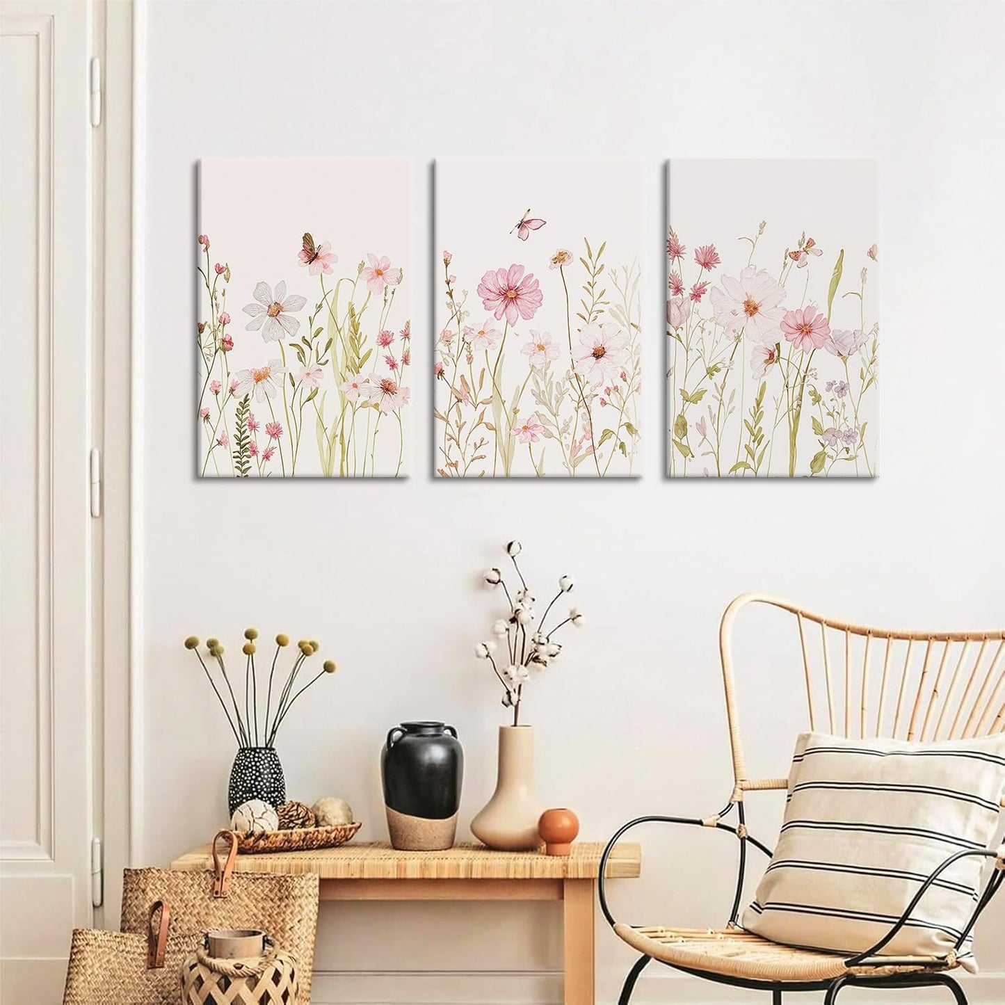 MTFBWY Floral Canvas Wall Art Flower Framed Art Prints Set of 3 Pink Wildflower Printing Botanical Nursery Pictures Wall Decor Artwork for Living Room Bedroom Bathroom 16x24in