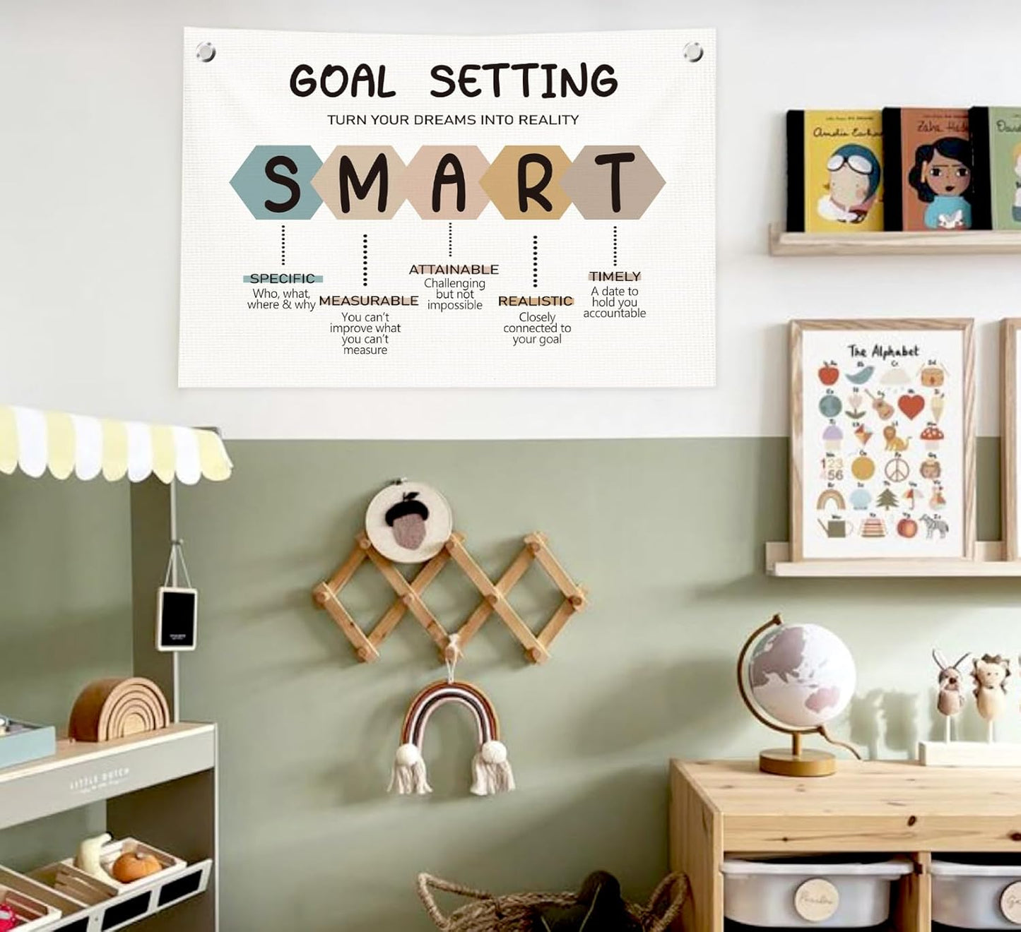 Classroom Wall Decor,Goal Setting Smart Canvas Banner Flags,Positive Affirmations Wall Decor for Homeschool Classroom Preschool Nursery Kids Room,30x20 Inch