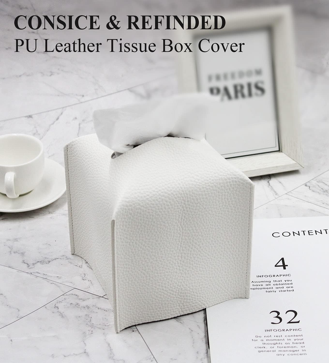 Livelab Tissue Box Cover, Square Decorative PU Leather Tissue Box Holder Modern Tissue Case Facial Paper Organizer Dispenser for Bathroom, Vanity Countertop, Night Stands, Desk 5X5X5'' | Off White