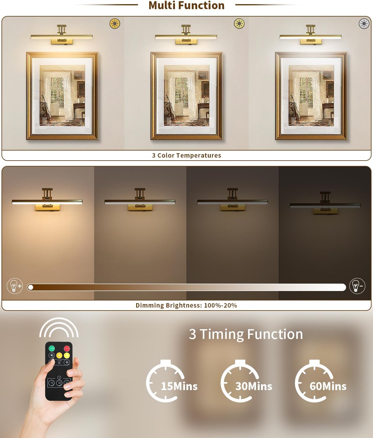 Joossnwell Wireless Picture Light Battery Operated with Remote LED Art Lights for Paintings Rechargeable Dimmable and Timer 15.5 Inch Brass Picture Lights for Wall Gallery Light Library Light
