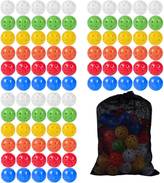 90 Pack Colorful Plastic Practice Golf Balls Airflow Hollow Training Golf Balls with Nylon Mesh Bags for Driving Range, Swing Practice, Outdoor or Home Use