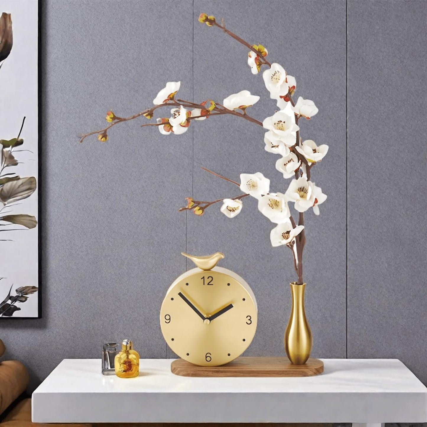 Floral Art Brass Mantel Clock - Elegant Silent Table Clock with Flower Design, Vintage Home Decor for Living Room, Luxury Solid Brass Decorative Clock