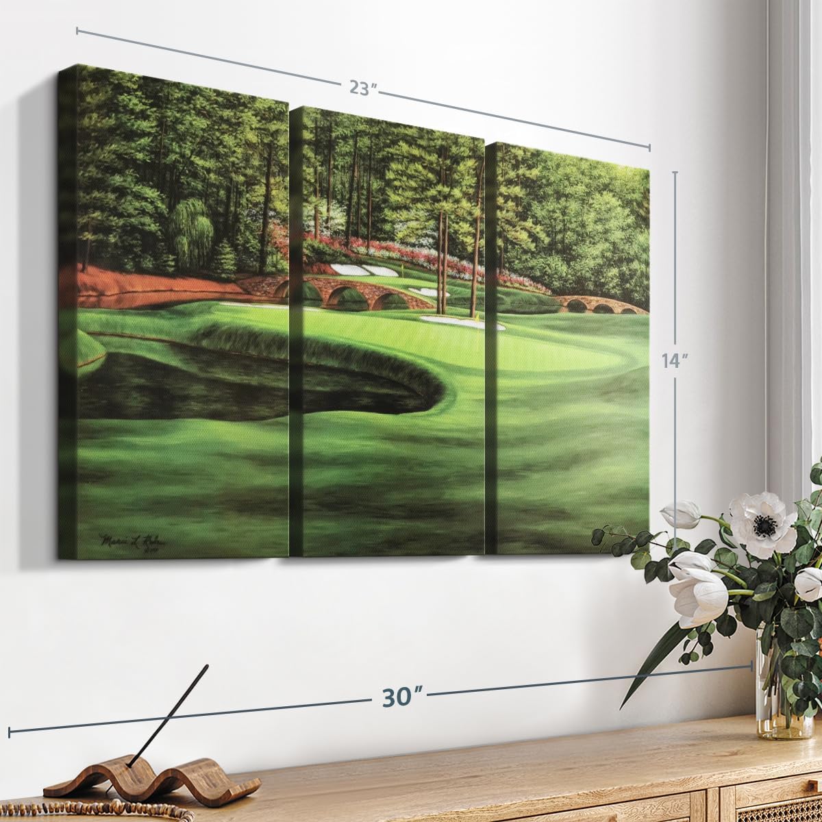 ElephantStock Augusta National 11th Hole I Wall Art - Horizontal Canvas - 3-Piece Living Room Wall Decor - Painting Sports Canvas Print - Green and Brown Decor for Wall by Marci Rule - 23" X 14"