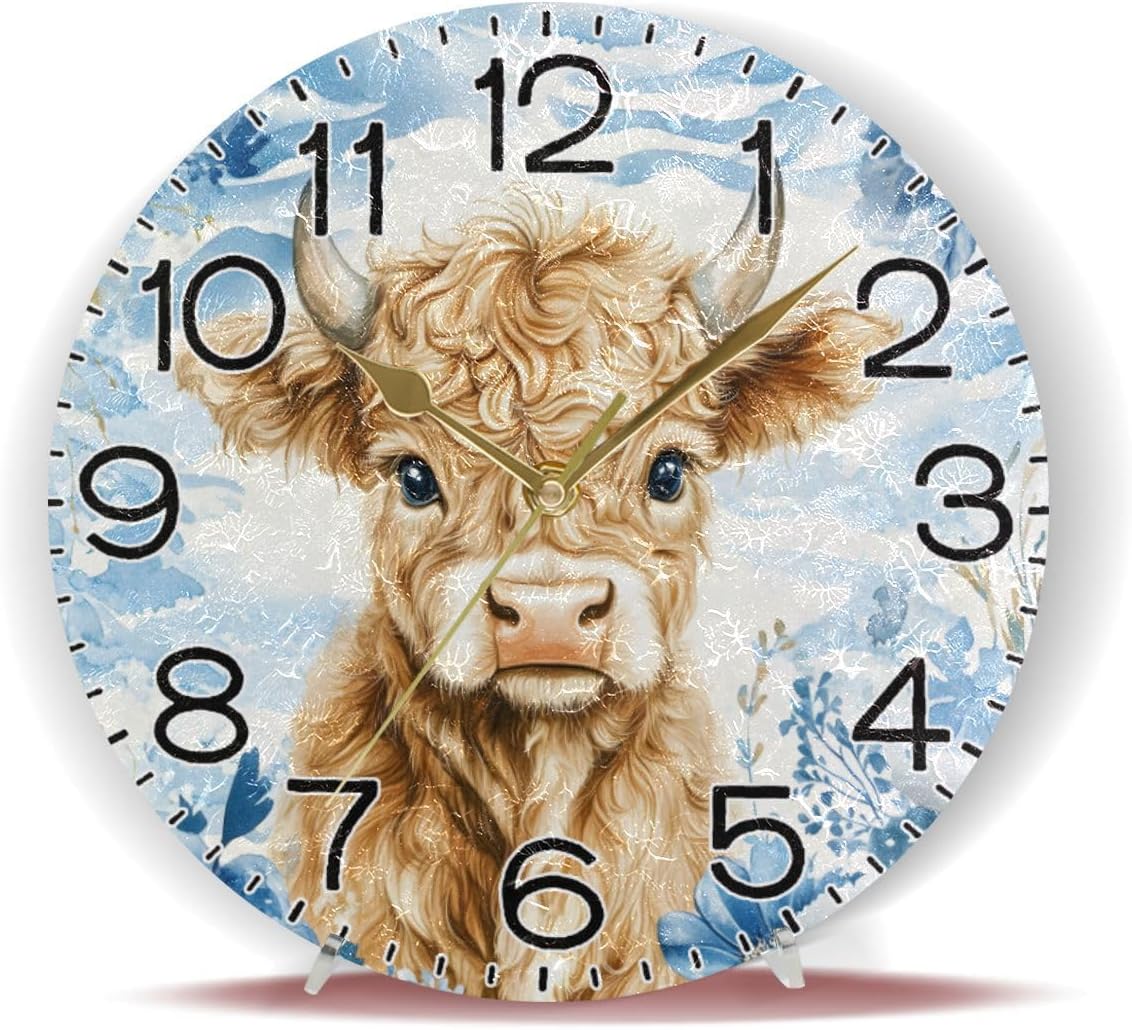 ALAZA Watercolor Highland Cow Blue Flower Wall Clock Battery Operated Non Ticking Silent Quartz Analog Rustic Farmhouse Round Clock Retro Decor for Home Kitchen Living Room Bathroom