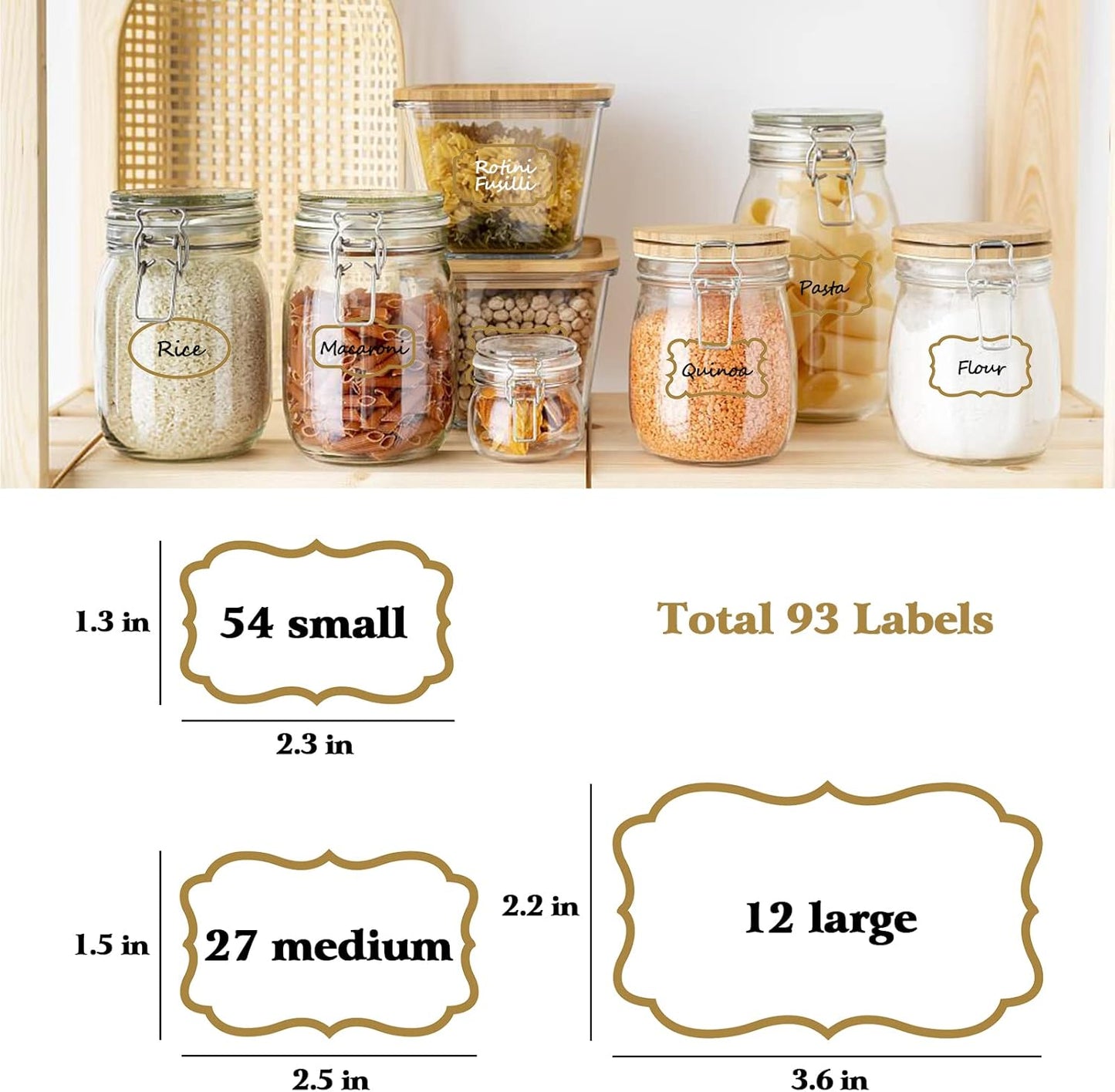 Kitchen Pantry Food Containers Clear Labels with Gold Border, 93 Waterproof Removable Write-on Sticker Labels Tags to Organize Spice Jars Condiment Flour Sugar Canisters Storage Bins, Free 2 Markers