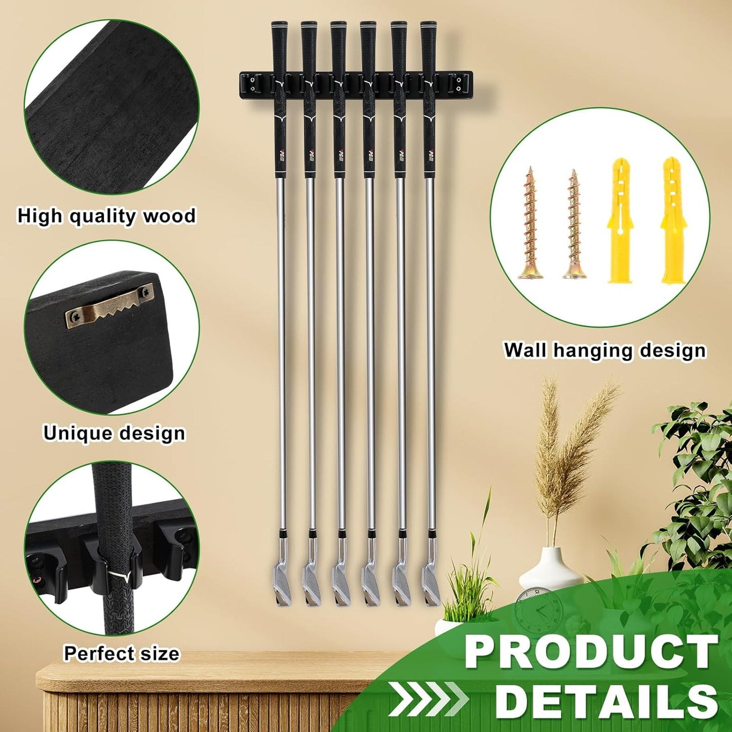 Wooden Golf Club Holder Wall Mount Golf Club Rack Hanger Organizer for Wall Display Garage Putters with Screws, Grip up Type