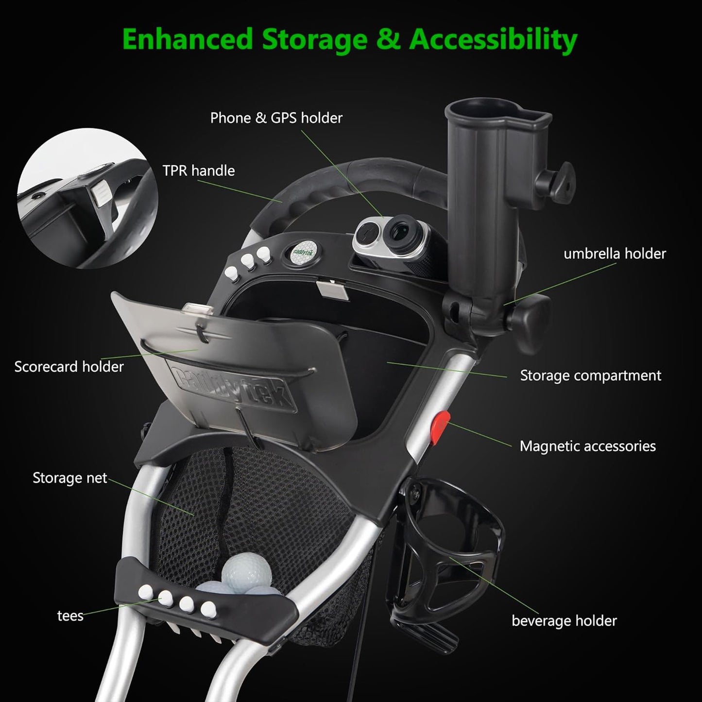 Caddytek CaddyLite EZ V8 Golf Push Cart - Lightweight 3 Wheel Foldable Cart with One-Click 2-Step Folding, EVA Wheels, Adjustable Handle, Cooler Basket, Umbrella & Drink Holder, Compact Golf Cart