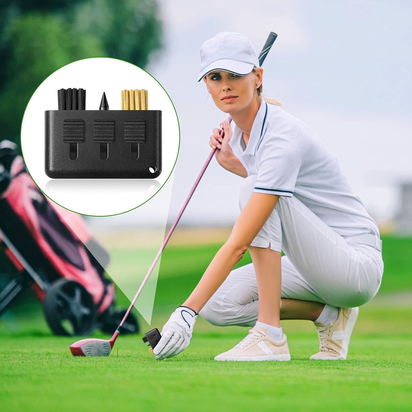 Nuanchu 10 Packs 3 in 1 Retractable Multiple Use Golf Club Cleaner Tool Portable Golf Club Brush Cleaning Kit with Groove Sharpening Tool, Pocket Size