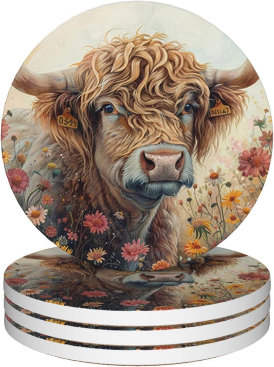 Drinks Coasters Set of 4, Highland Cow Wildflowers Round 4" Cup Coasters, Absorbent Ceramic Stone Coasters with Cork Base, Cute Coasters for Table Home Décor, Ideal Gifts for Women Men