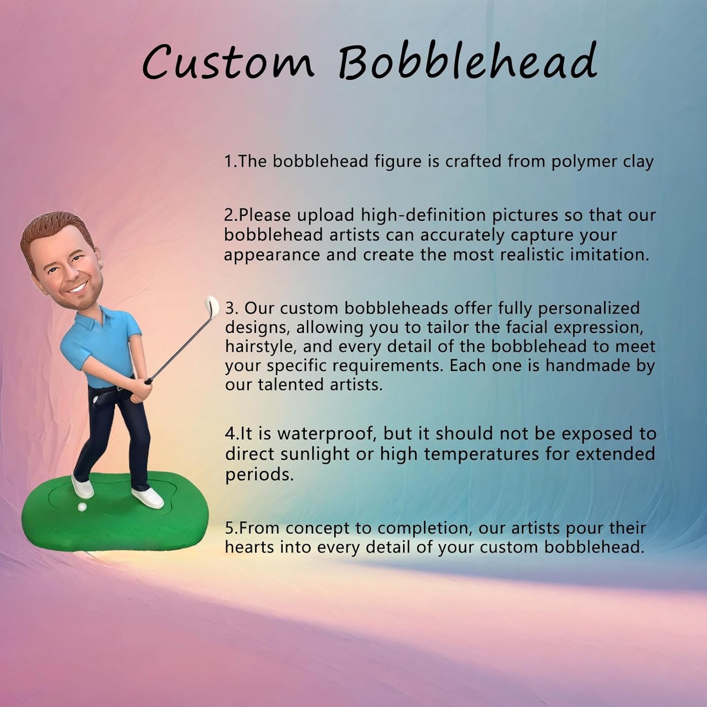 Custom Bobblehead, Golf Handmade Personalized Sculpture Gift, Polymer Clay, Custom Unique Bobblehead Doll Based on Image, Memorial Gift for Friends, Family, Boss, Office Colleagues, White
