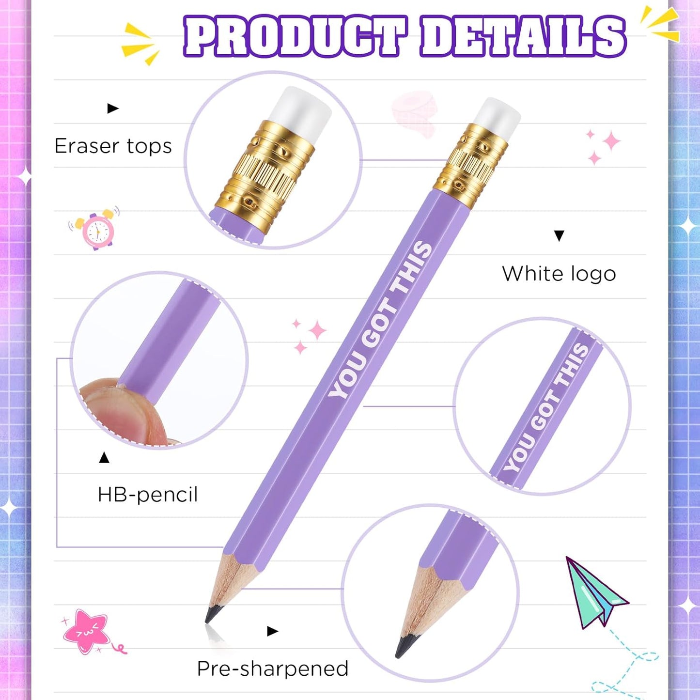 Jetec 100 Pcs Mini Pencils Bulk Inspirational Golf Wooden Half Pencils with Eraser and Motivational Sayings Back to School Gifts for Kids Student Teacher First Day of School(Candy Color)