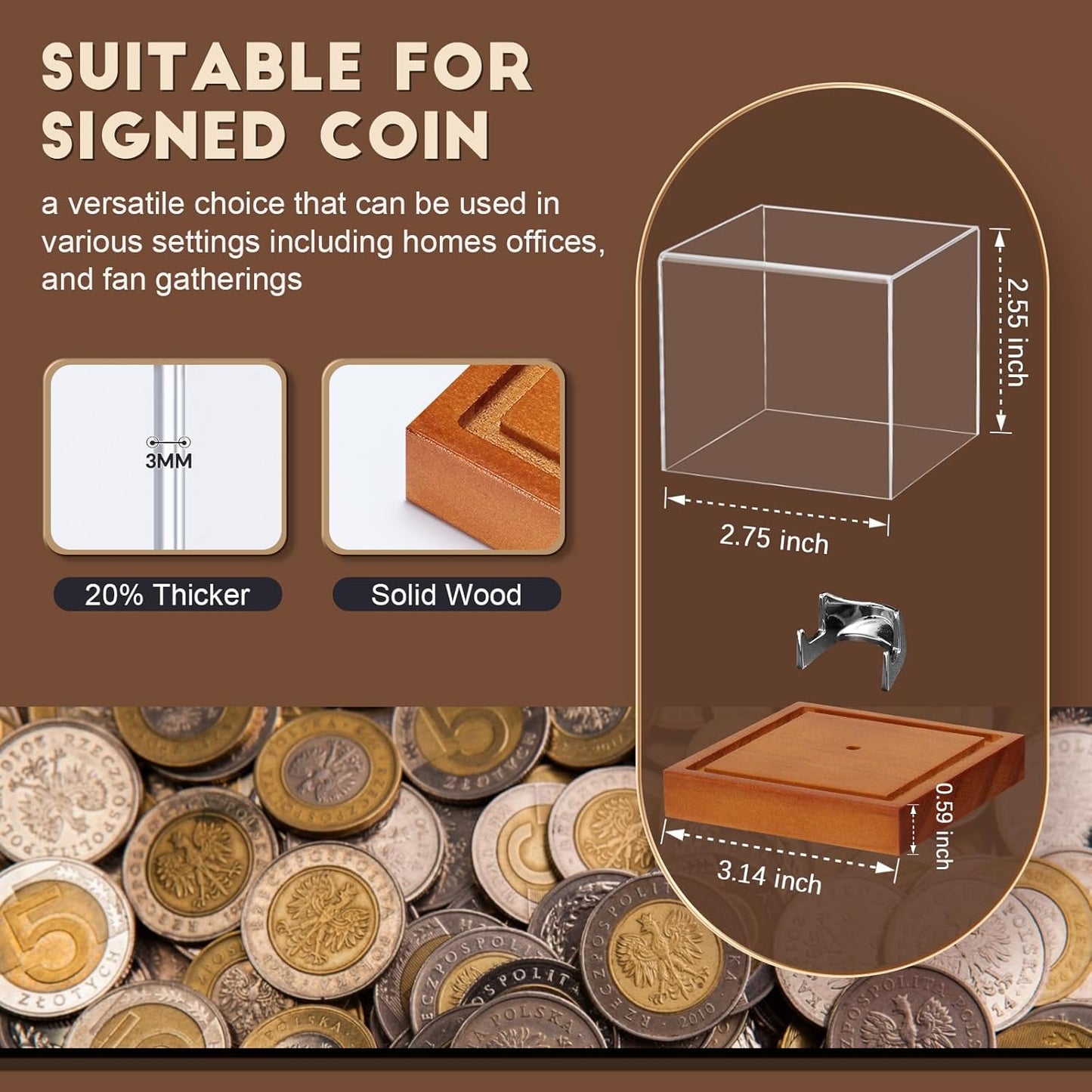 JupDec Coin Display Case, Clear Acrylic Showcase with Wood Base & Alloy Holder for Single Challenge Coin, UV Protection Souvenirs and Collectibles Box, Ideal Gift for Coin Fans, Brown