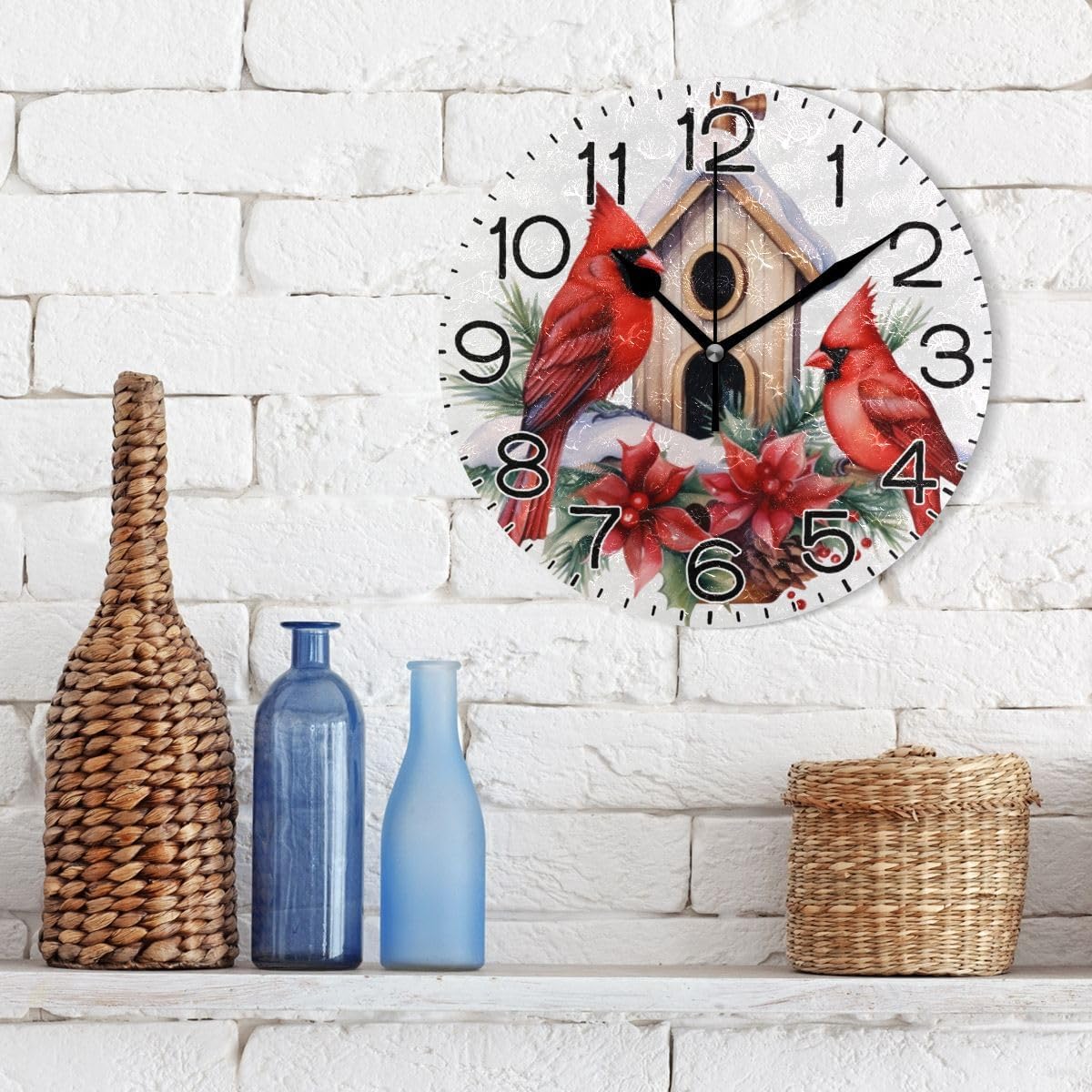 ALAZA Birds Christmas Poinsettia Flowers Birdhouse Wall Clock Battery Operated Non Ticking Silent Quartz Analog Rustic Farmhouse Round Clock Retro Decor for Home Kitchen Living Room Bathroom