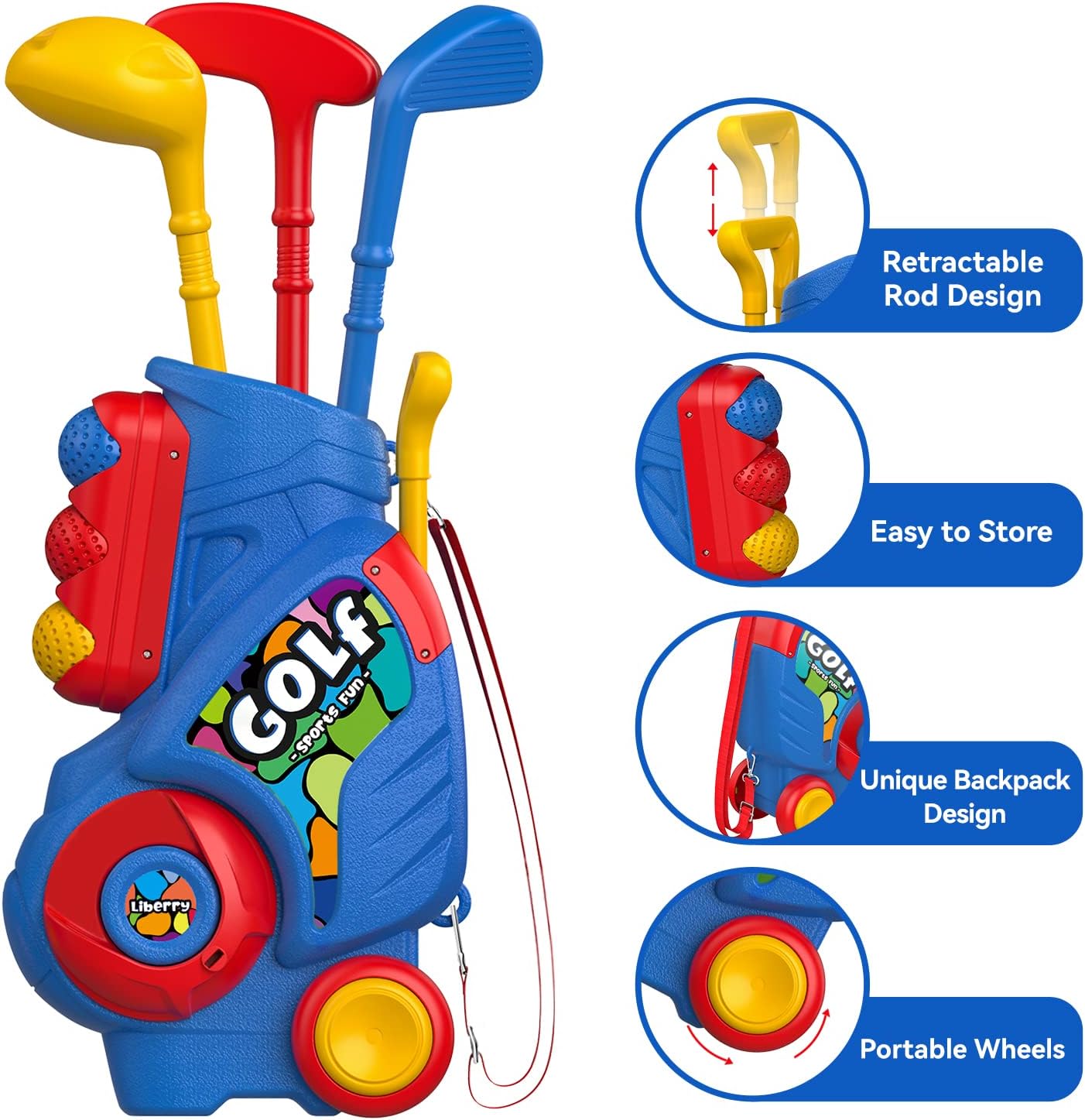 Liberry Toddler Golf Set with Putting Mat for 2 3 4 5 Years Old Boys Girls, Upgraded Kids Golf Cart with Unique Shoulder Strap Design, Indoor and Outdoor Golf Toys Christmas Gift